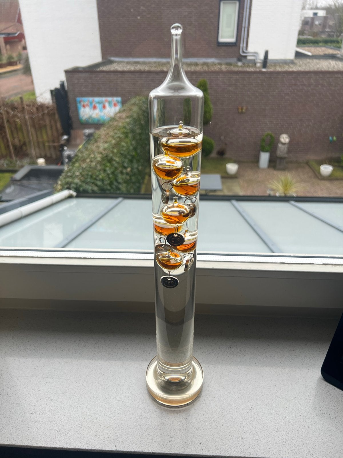Galileo Thermometer Glas Oranje Bolletjes 45cm, Decoratieve thermometer, Ophalen, Gebruikt, Glas