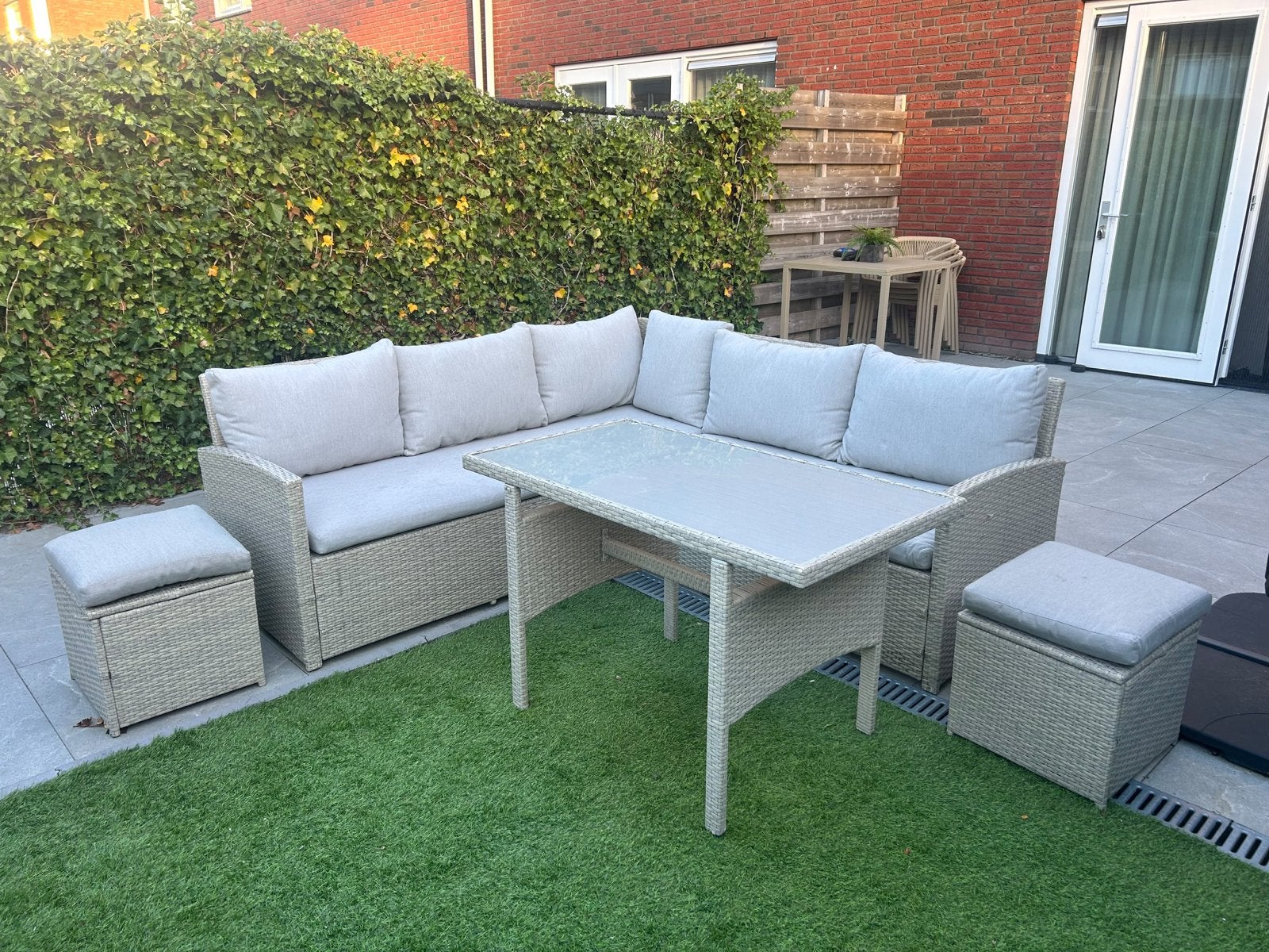 Loungeset Rochelle met eettafel en krukjes, Tuin en Terras, Ophalen, 5 zitplaatsen, Gebruikt, Loungeset