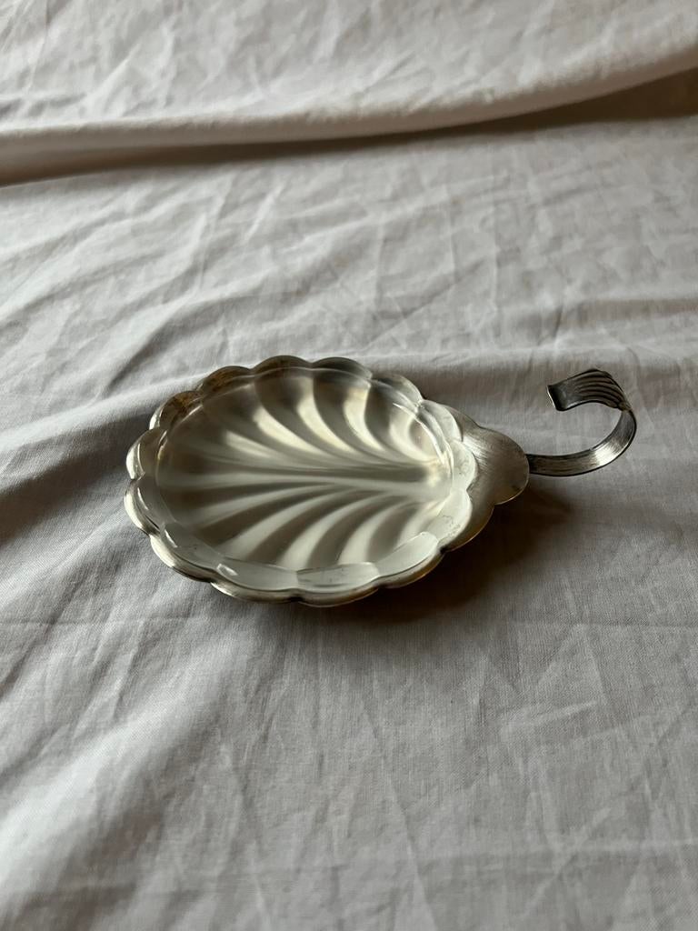 Vintage Franse botervloot verzilverd metaal met glazen inleg, Ophalen, Overige materialen, Overige stijlen, Overige typen