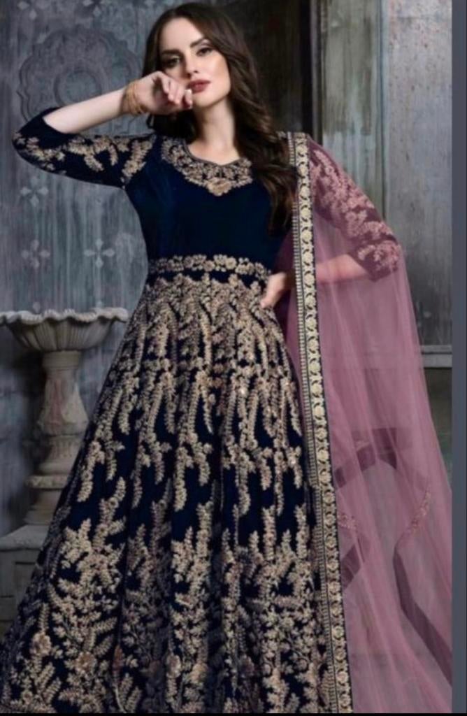 Prachtige Indiase Galajurk - Donkerblauw met Goud Borduurwer, Maat 38/40 (M), Galajurk, Blauw, Nieuw