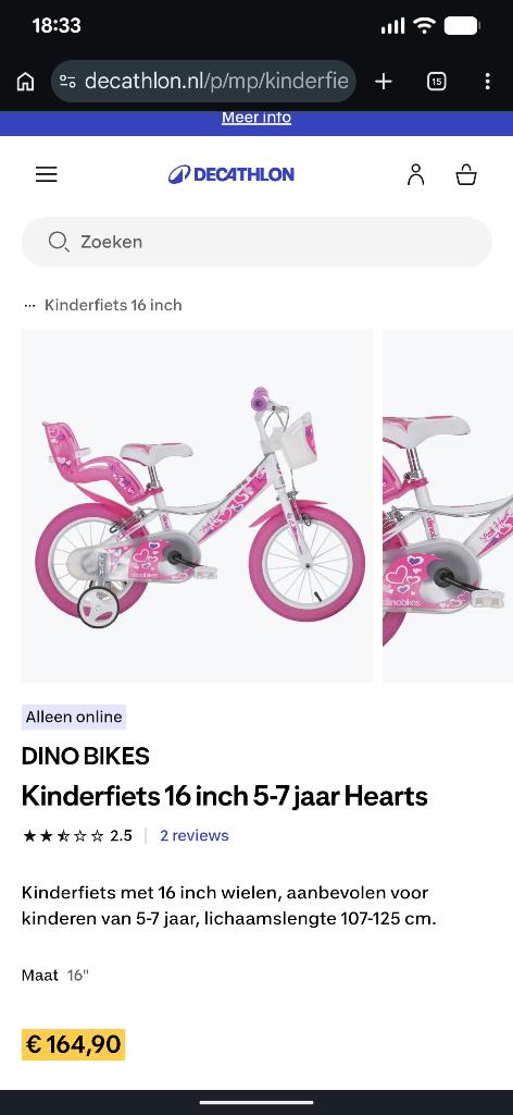 Kinder fiets 16 inch, Ophalen, Velgrem, Dino Bikes, 16 tot 20 inch