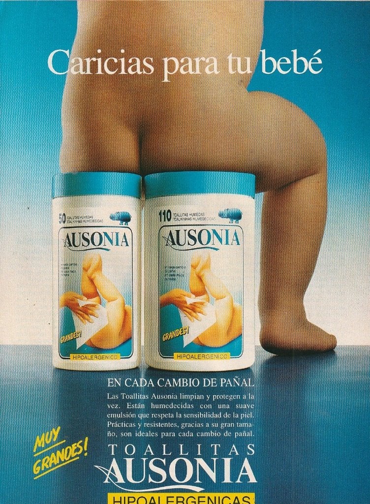 Retro reclame 1992 Ausonia baby luiers doekjes schoonmaken, Verzenden, Overige typen