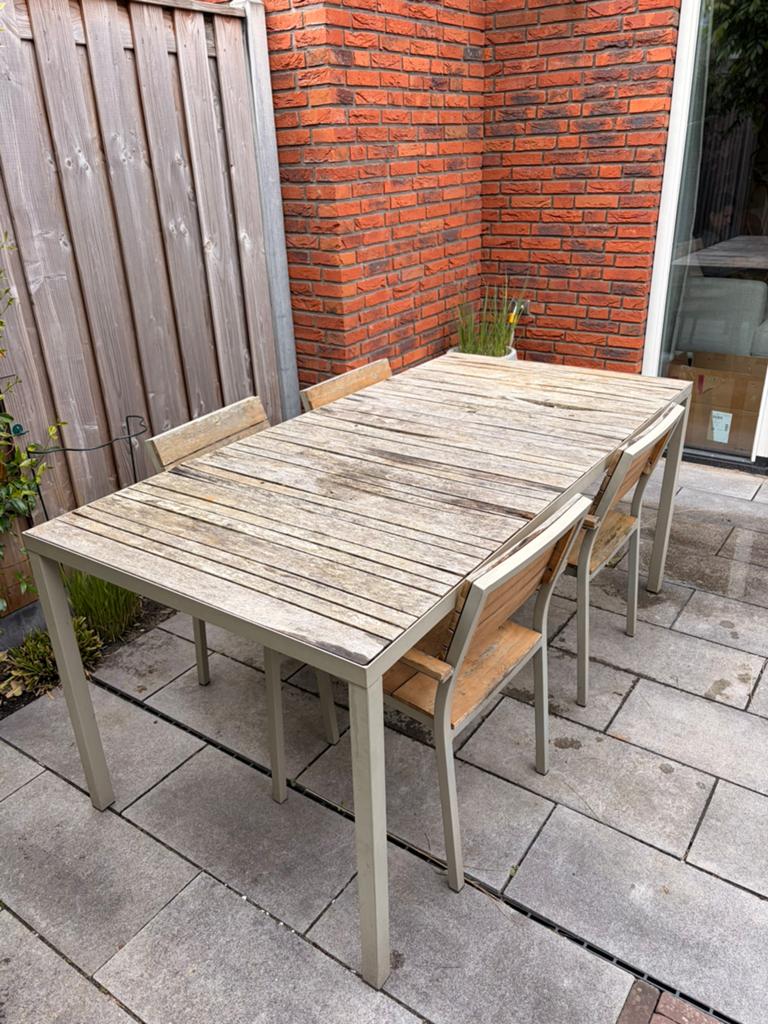 Tuinset met 4 stoelen. Stapelbaar. 180 x 90 cm, Tuin en Terras, Ophalen, Gebruikt, Overige materialen