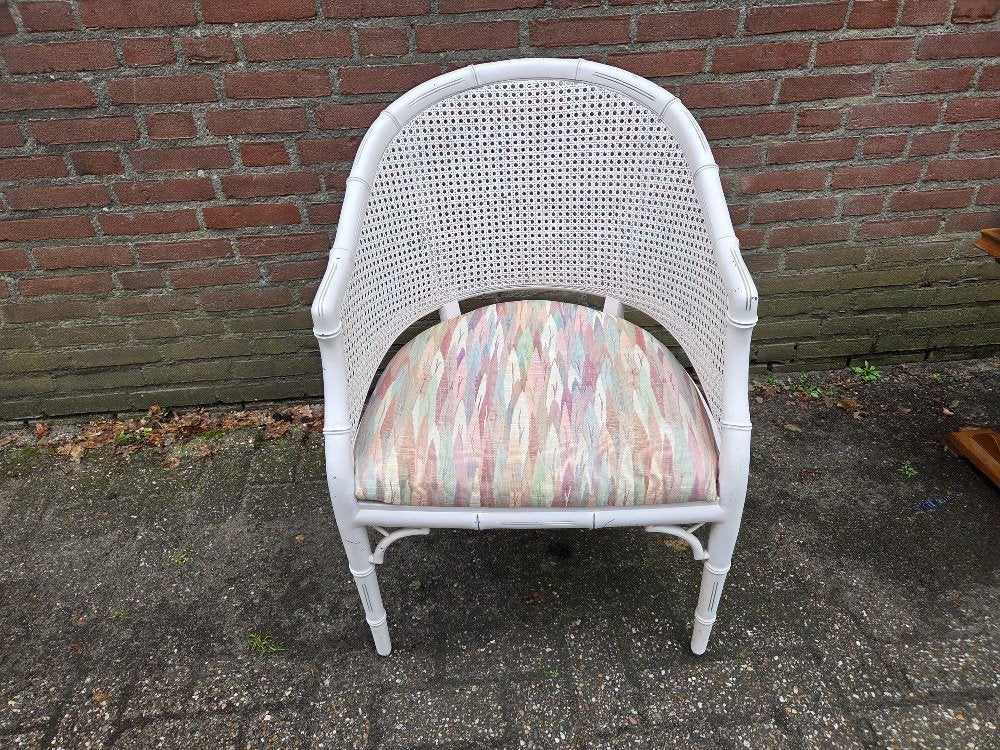 stoel fauteuil rotan bamboe wit vintage, Ophalen of Verzenden