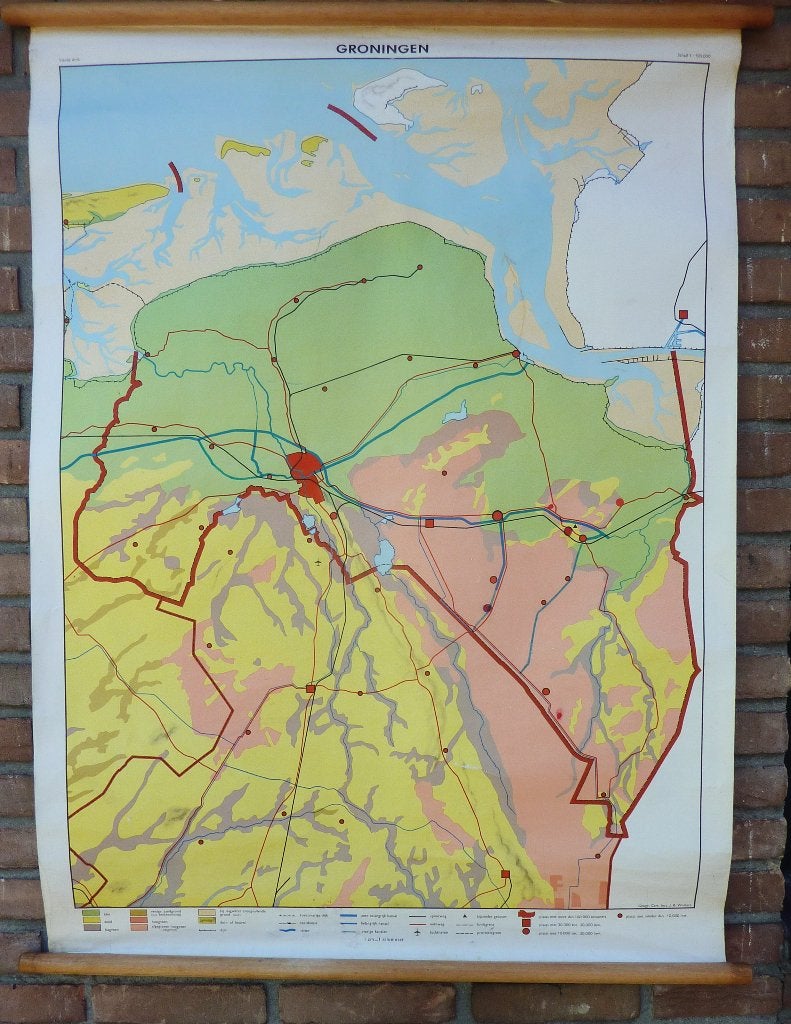 Oude schoolkaart van de provincie Groningen Jaren 50/60, Ophalen of Verzenden, Aardrijkskunde