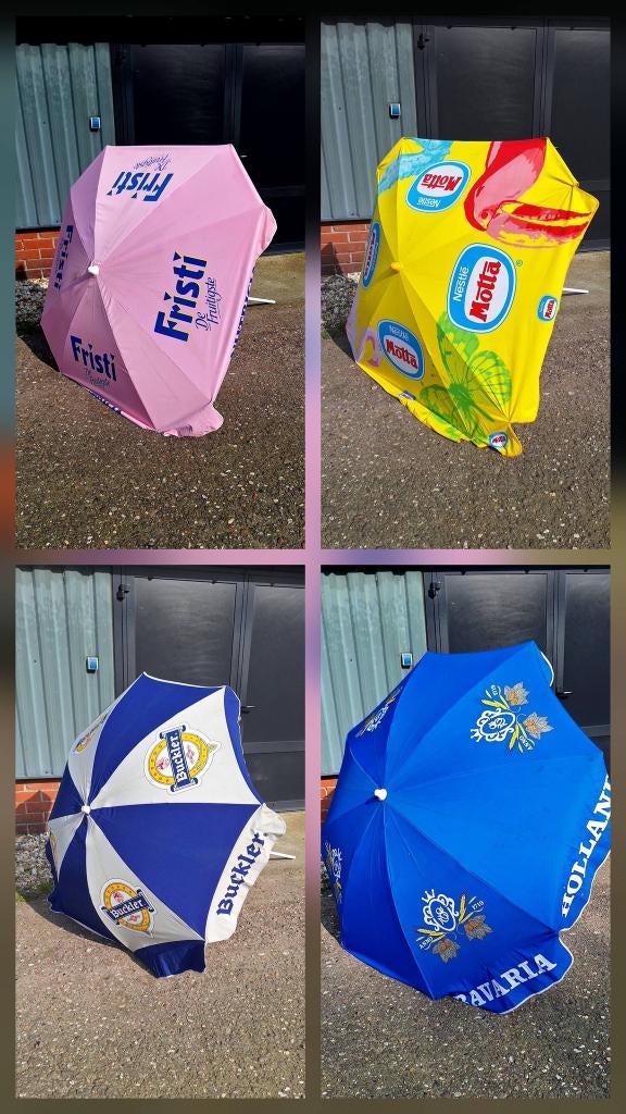 Vrolijke vintage reclame parasol, parasols, div. soorten🌞, Tuin en Terras, Parasols, Ophalen, Verstelbaar, Gebruikt, .