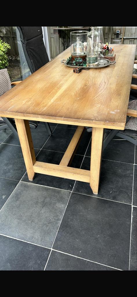 Robuuste houten eettafel met gebruikssporen, Tuin en Terras, Ophalen, Gebruikt, Rechthoekig, Hout