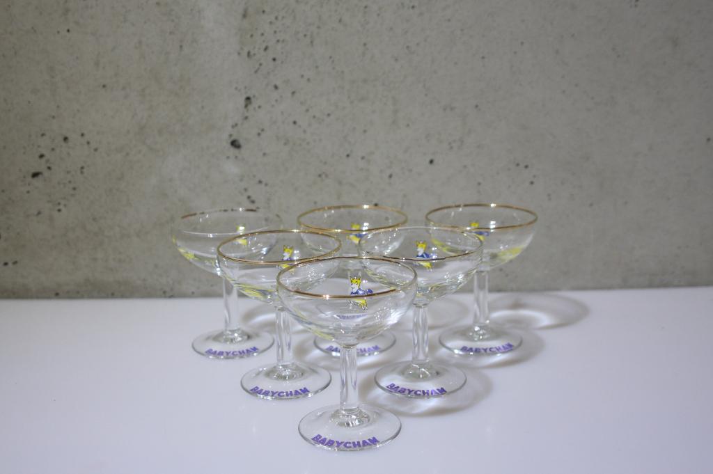 6 Babycham – Coupes - Subtiel gouden randje en een hertje, Ophalen of Verzenden, Gebruikt, Overige typen