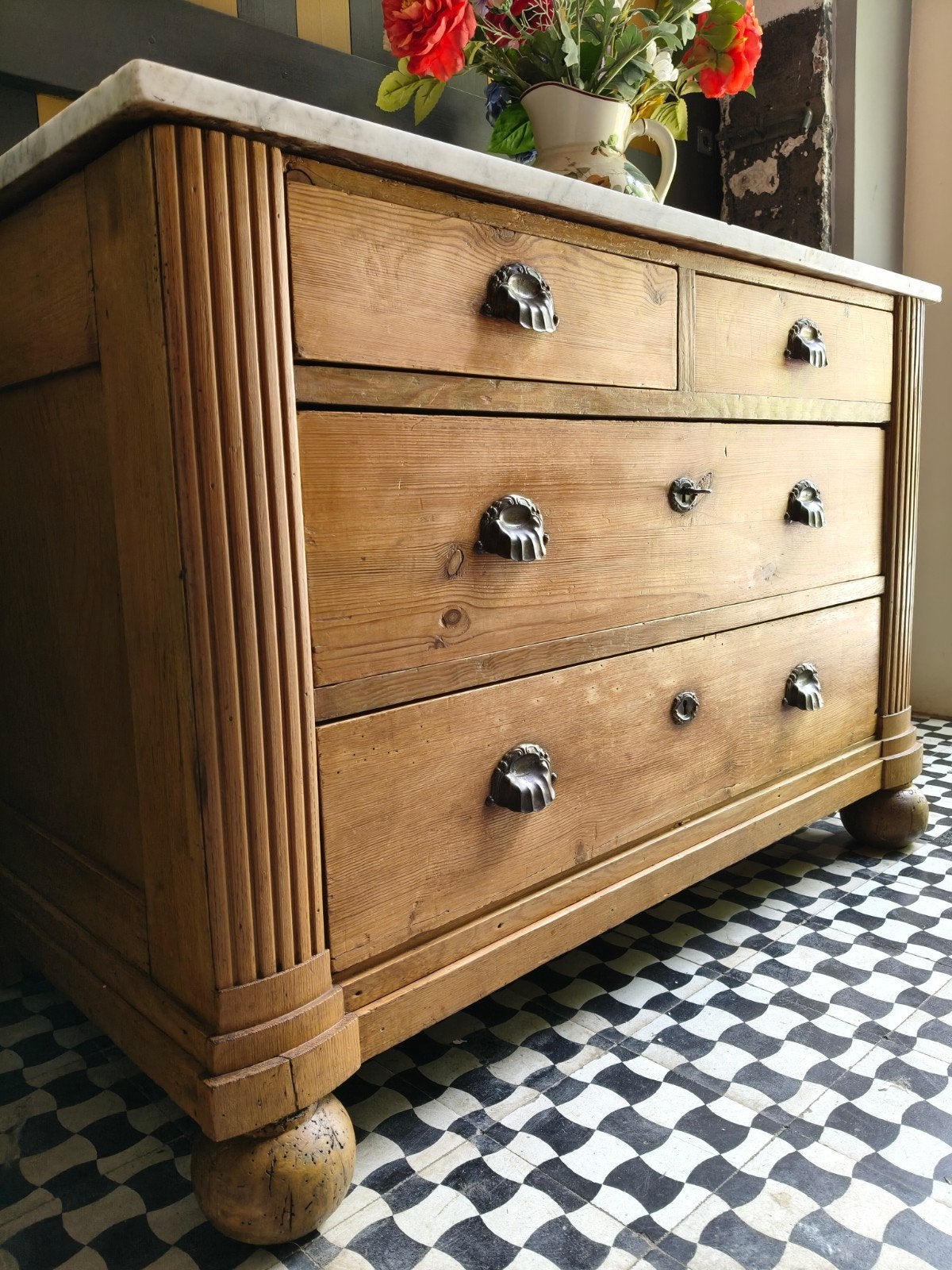 Antieke grenen commode met marmeren blad (ca. 1880–1900), Ophalen, Gebruikt, 50 tot 75 cm, 100 tot 150 cm