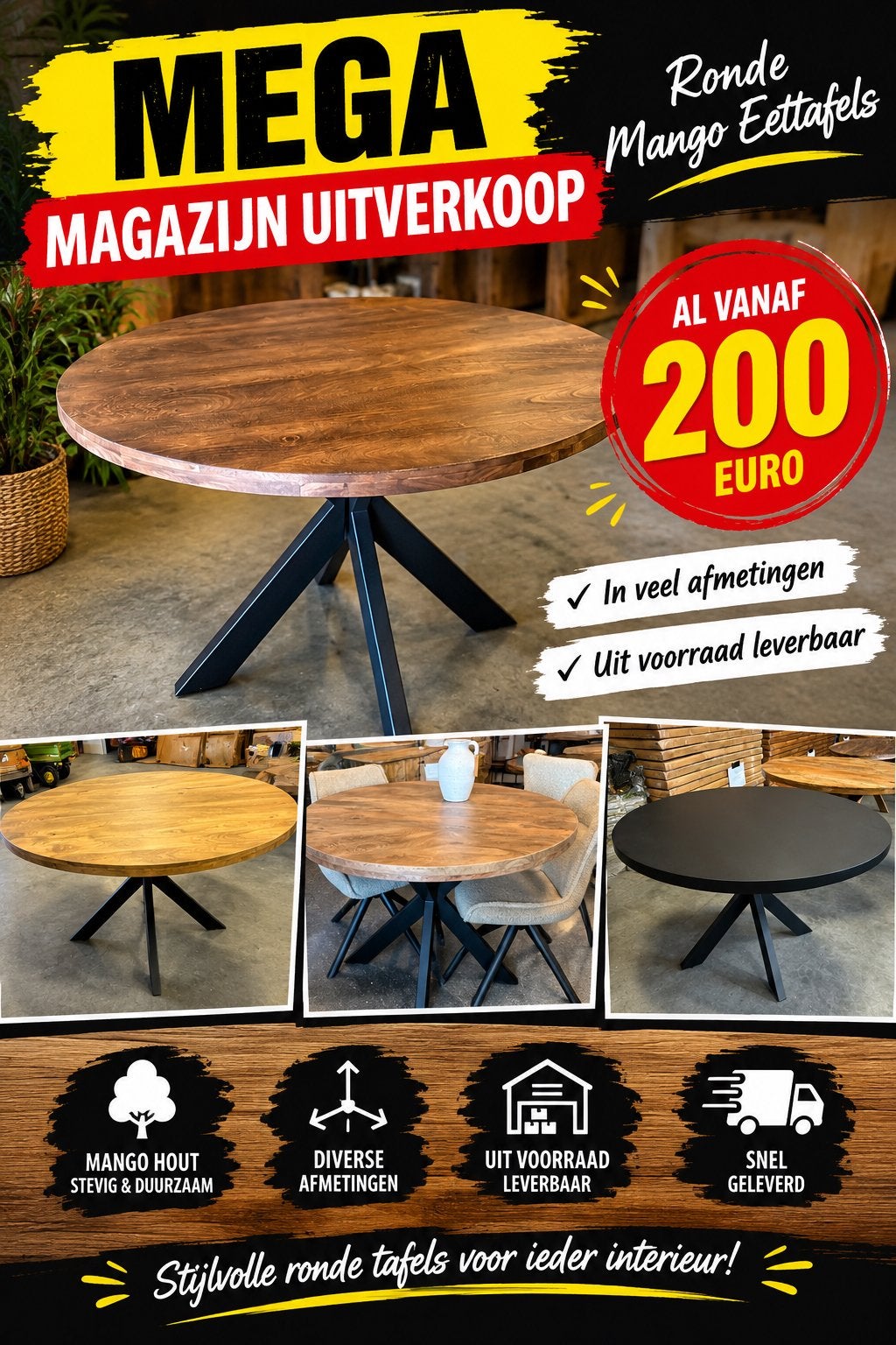 Magazijn leegverkoop ronde eettafels mang hout nieuw, Huis en Inrichting, Ophalen, Nieuw, Rond, 100 tot 150 cm