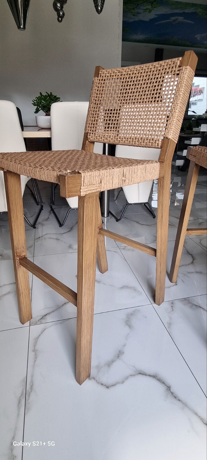 Set van 4 rotan barkrukken van aluminium frame, Huis en Inrichting, Barkrukken, Zo goed als nieuw, 60 tot 90 cm, Metaal, Riet