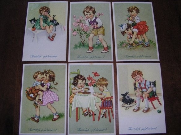 6 nostalgische kinderansichten, jaren '40 ongeschreven, Ophalen of Verzenden, 1940 tot 1960, Ongelopen