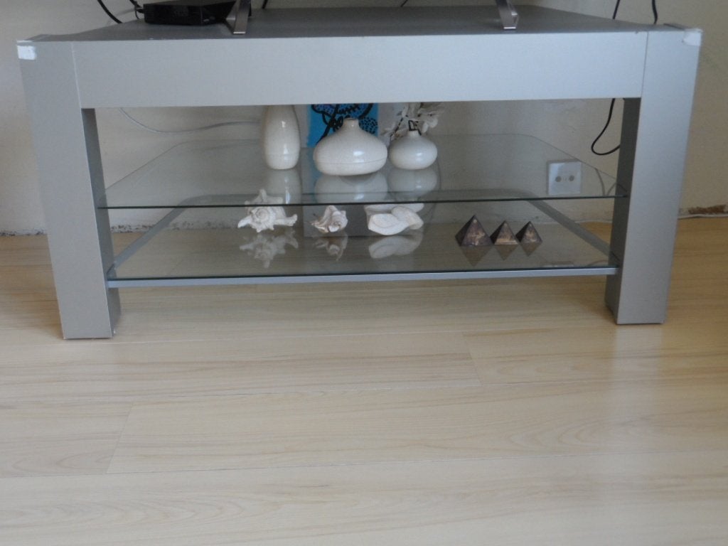 Moderne TV-meubel met glazen planken, Ophalen, Gebruikt, 100 tot 150 cm, Glas