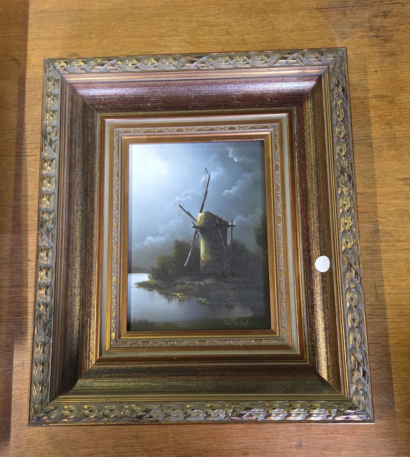 Landschap molen op houten paneel W Schuller, Antiek en Kunst, Ophalen of Verzenden, Landschap