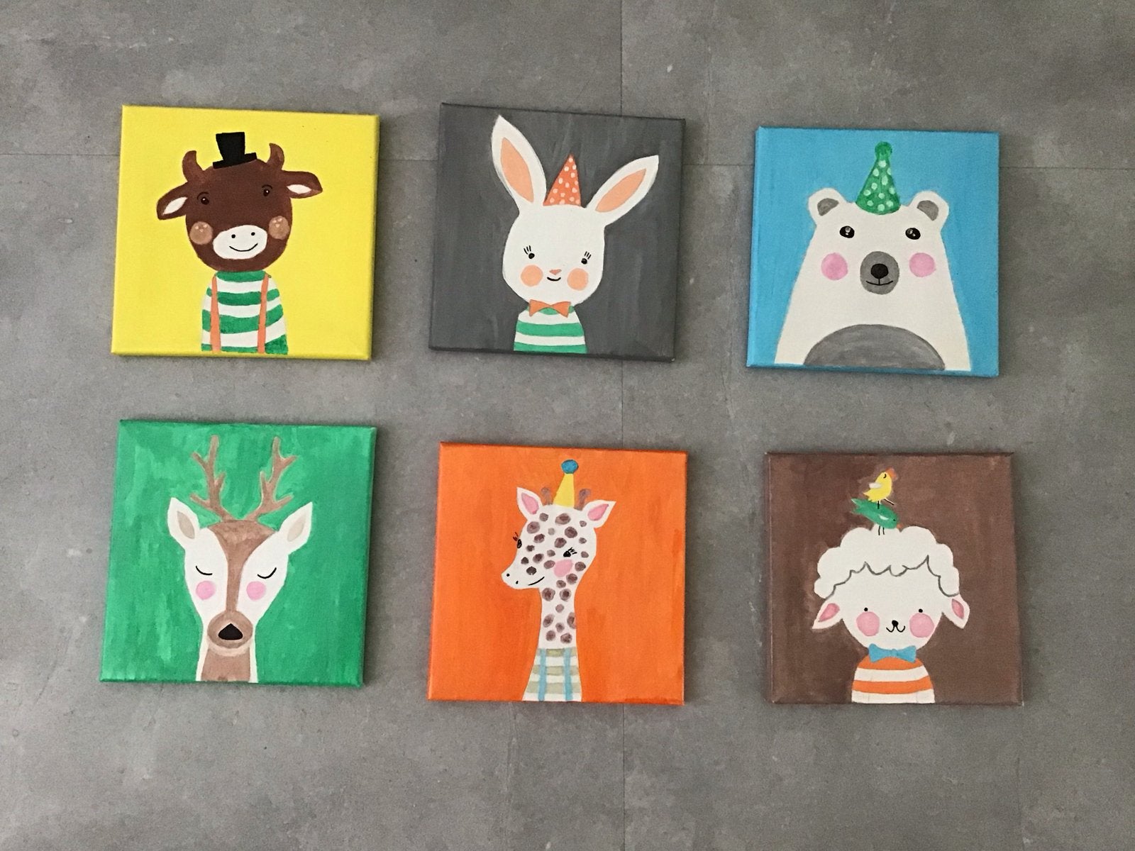 Set van 6 handgemaakte schilderijen met dieren, 20x20 cm, Ophalen of Verzenden