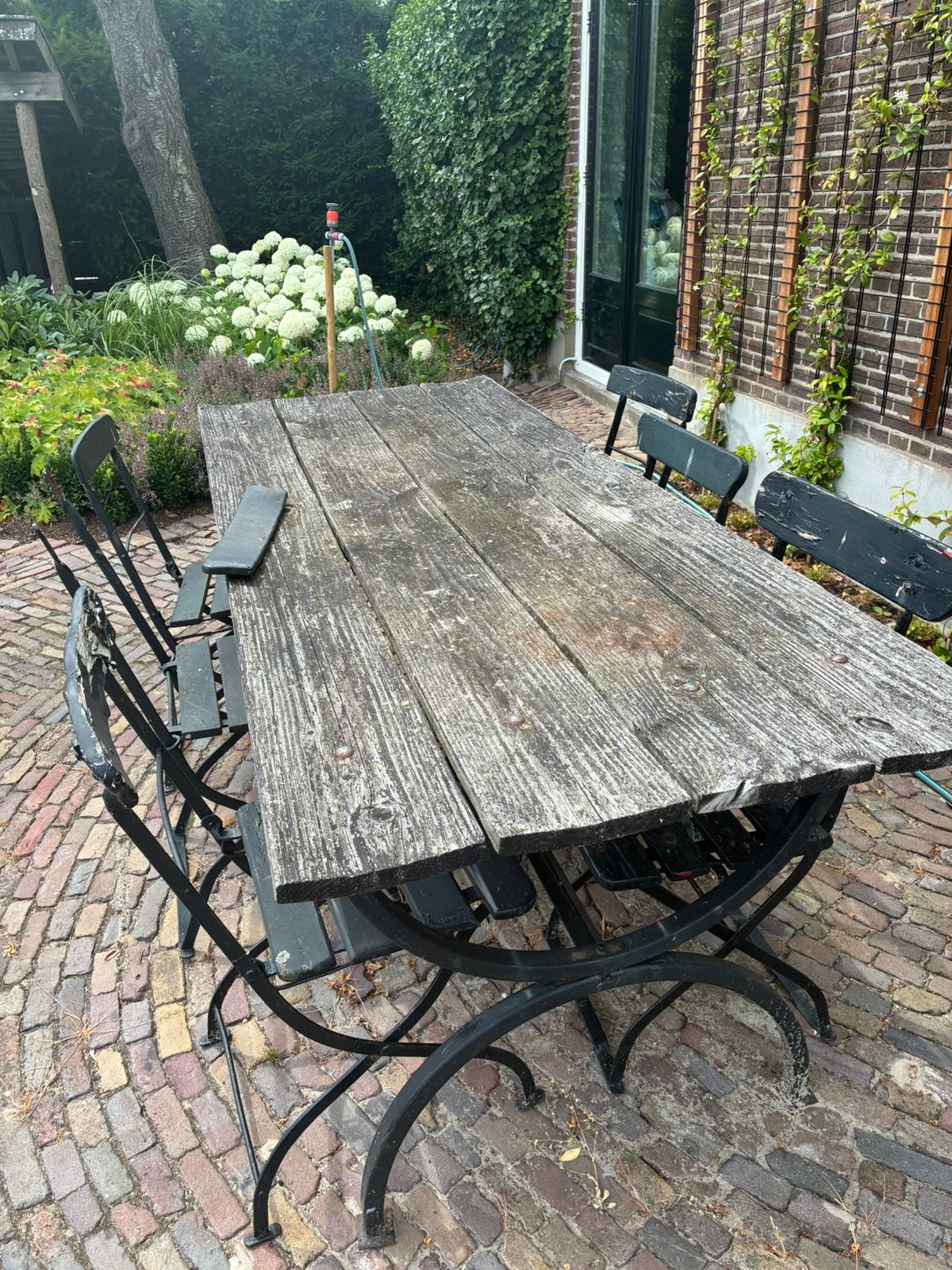 Brocante tuintafel met 6 stoeltjes, Tuin en Terras, Ophalen, Gebruikt, 6 zitplaatsen, Tuinset