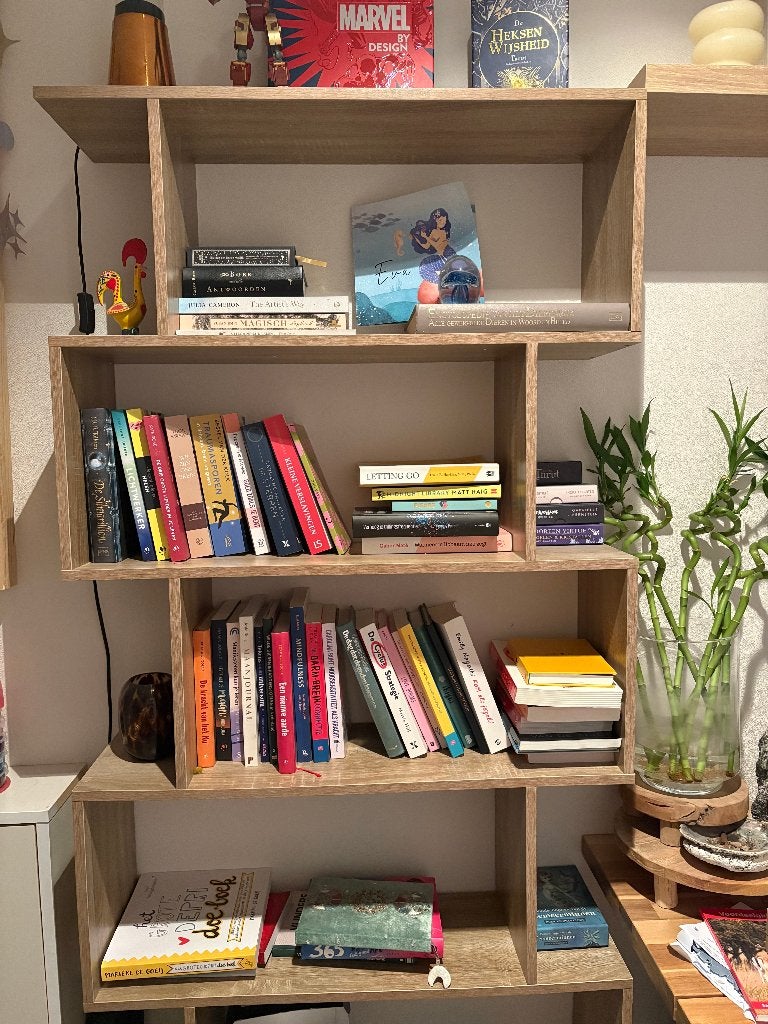 Vakkenkast boekenkast houtlook asymmetrische wandkast 190 cm, Ophalen, Modern Industrieel Scandinavisch, 50 tot 100 cm, Zo goed als nieuw