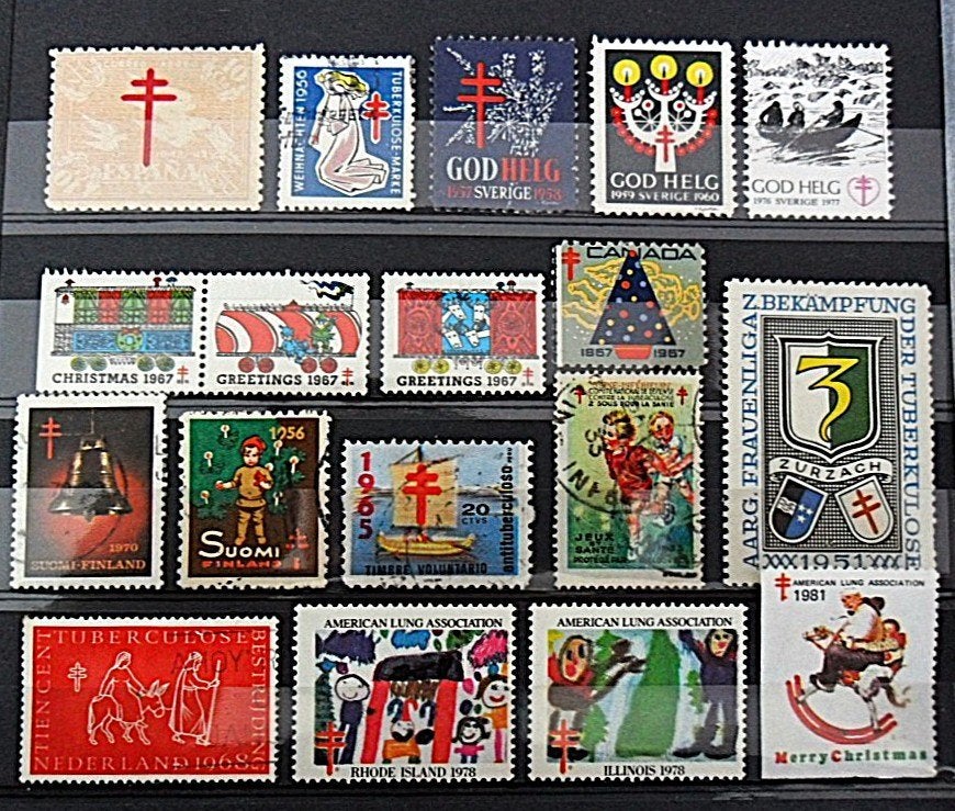 TBC Sluitzegels diverse landen 18 stuks periode 1930-1981, Ophalen of Verzenden, Overige thema's