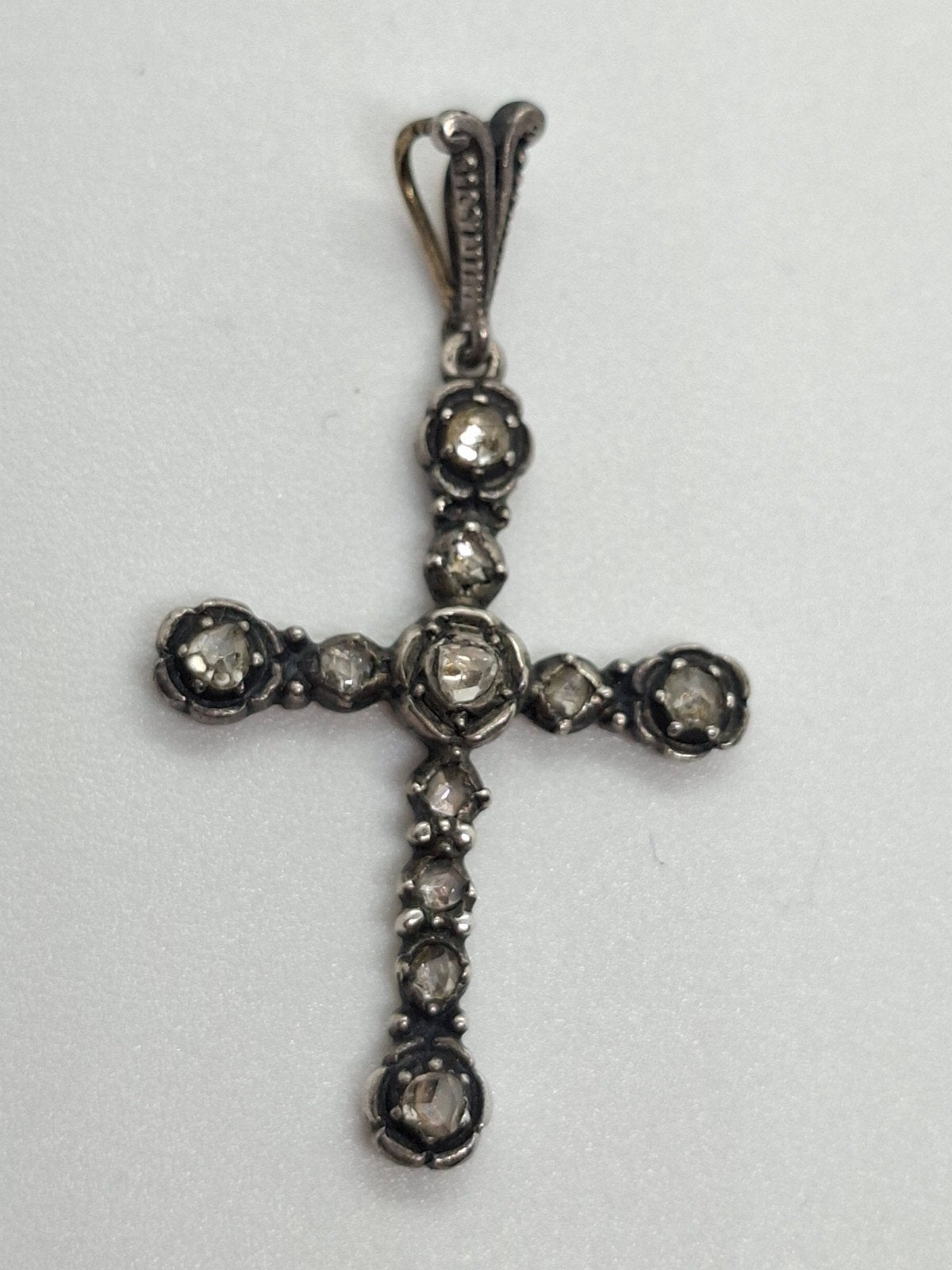 Antieke Zilveren/Gouden Kruishanger  Roosgeslepen Diamante, Ophalen of Verzenden, Goud, Hanger, Met edelsteen
