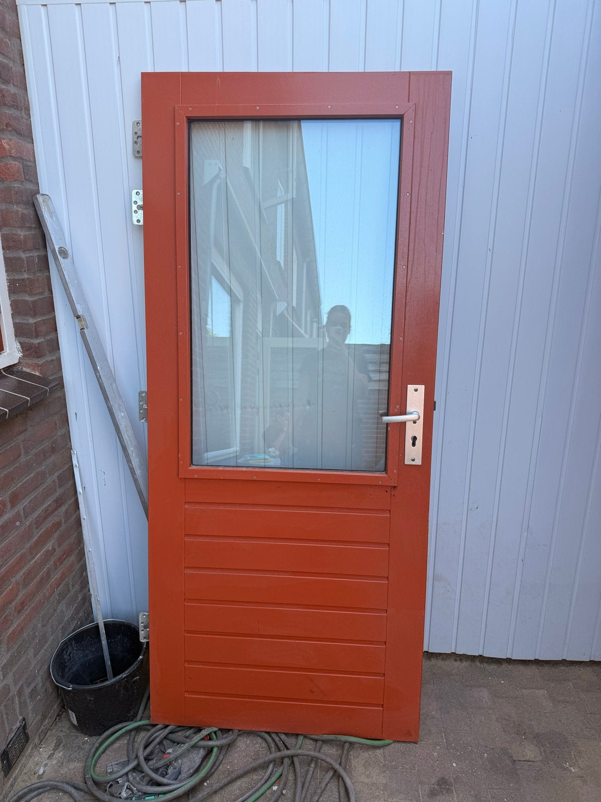 Harde houten buitendeur met glas - 200x87 cm, Ophalen, Gebruikt, 80 tot 100 cm, Buitendeur