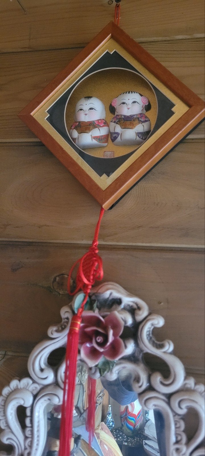 Oosterse wanddecoratie met gelukspoppetjes, Hout, Gebruikt, Meerkleurig, Ophalen of Verzenden