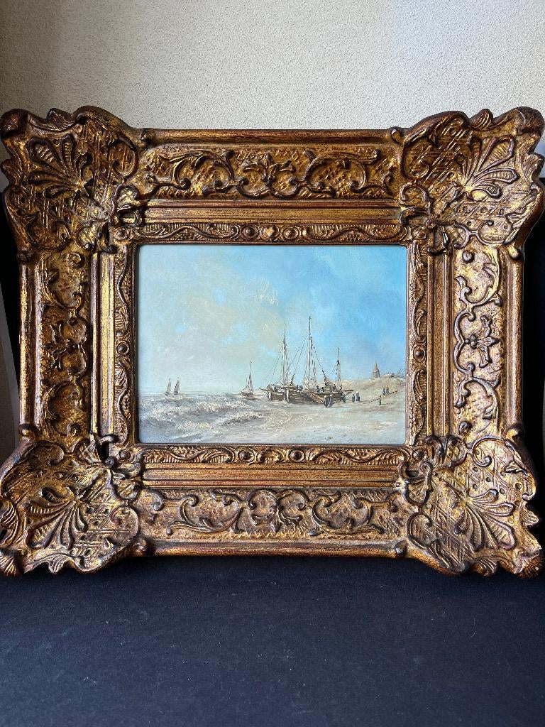 Schilderij met boten, bomschuiten Scheveningen strand, Ophalen