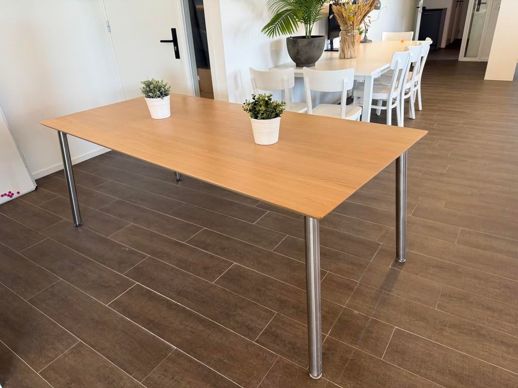 Eettafel met RVS poten en eiken blad, Ophalen, 150 tot 200 cm, Eikenhout, 200 cm of meer