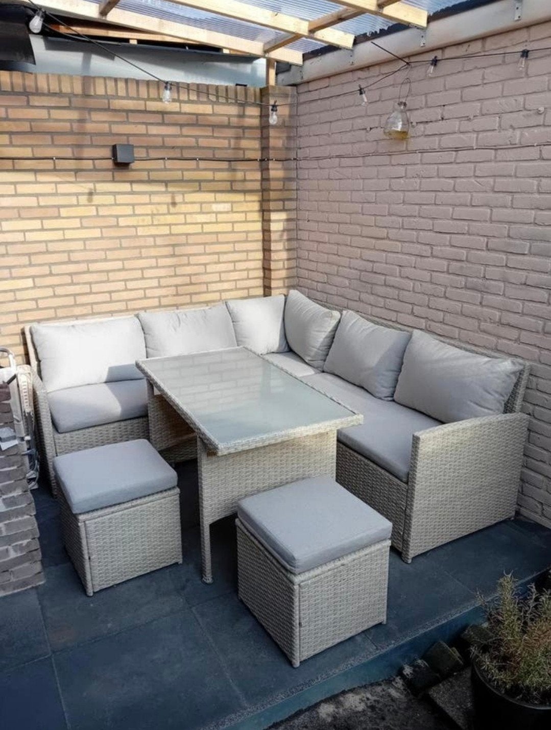 Luxe loungeset van Praxis met tafel en 2 krukjes | Grijs, Tuin en Terras, Ophalen, Gebruikt, Bank, Meer dan 8 zitplaatsen