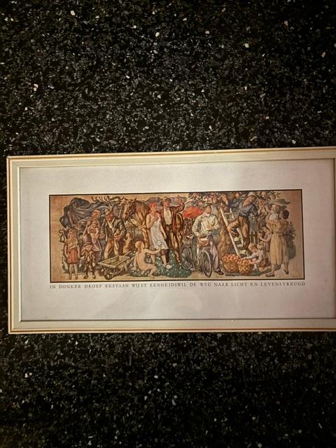 Oud schilderijtje met prent en spreuk, Ophalen of Verzenden