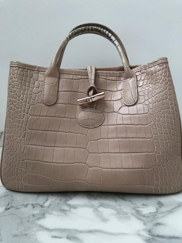 Vintage Longchamp Roseau roze croco lederen tas, Verzenden, Gebruikt, Roze, Handtas