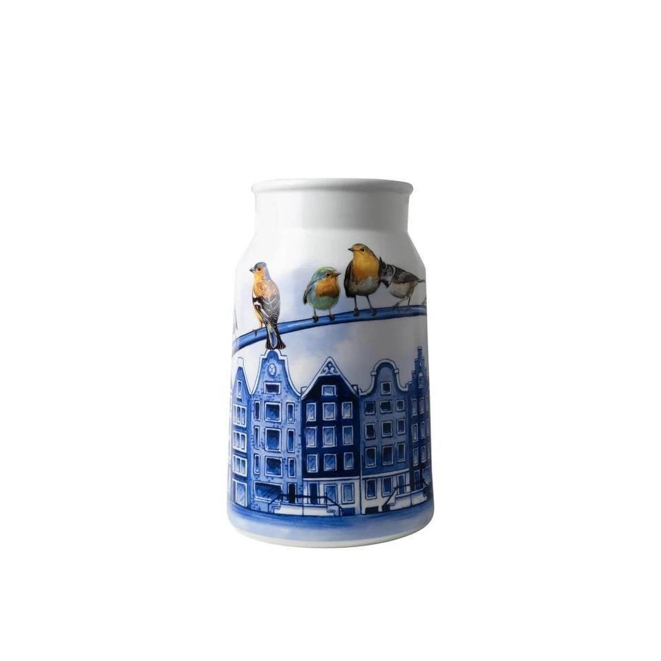 Heinen Delfts Blauw Melkbusvaas Grachtenpanden - 30 cm, Overige merken, Keramiek, Overige typen, Ophalen of Verzenden