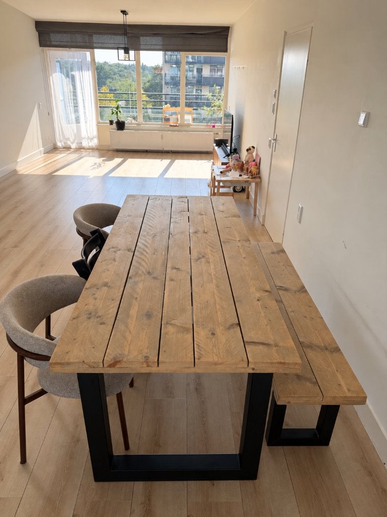 Steiger houten eettafel + bankje (industriële look), Huis en Inrichting, Ophalen, Gebruikt, 50 tot 100 cm, Vijf personen of meer