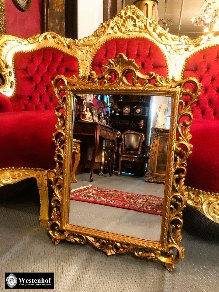Franse antieke spiegel - wandspiegel - barok lijst goud, Antiek en Kunst, Ophalen of Verzenden, Rechthoekig