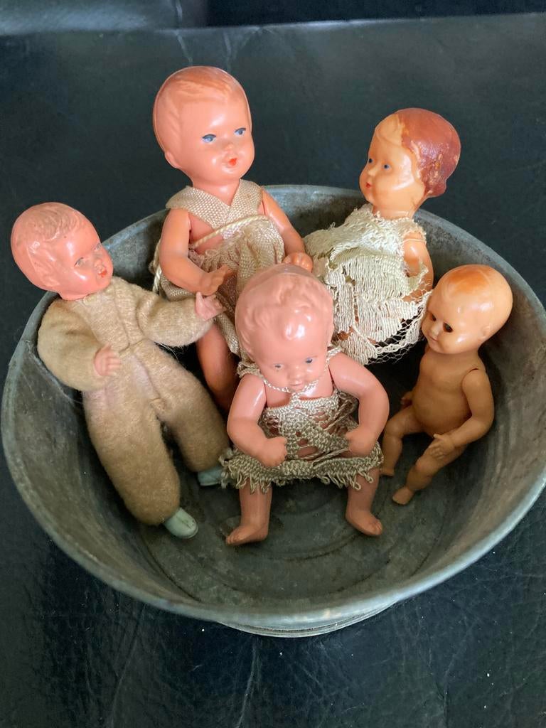 5 Oude/ antieke poppenhuispopjes popjes, Ophalen of Verzenden, Gebruikt, Pop