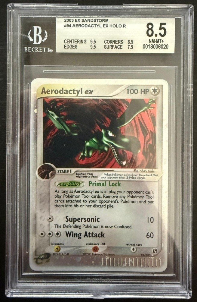 Aerodactyl ex 94/100 EX Sandstorm English BGS 8.5, Ophalen of Verzenden, Zo goed als nieuw, Losse kaart, Foil