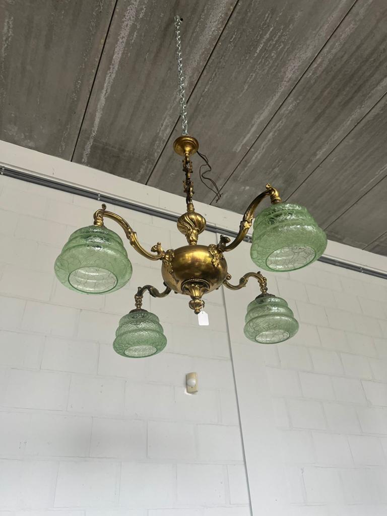 bronzen Art Deco kroonluchter met groen craquelé glas, Ophalen, Zo goed als nieuw