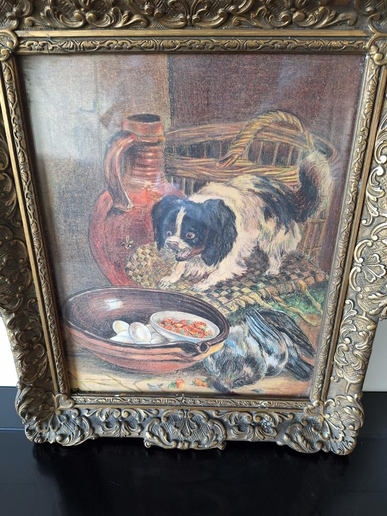 Oud schilderij litho met hond en mand, Ophalen of Verzenden