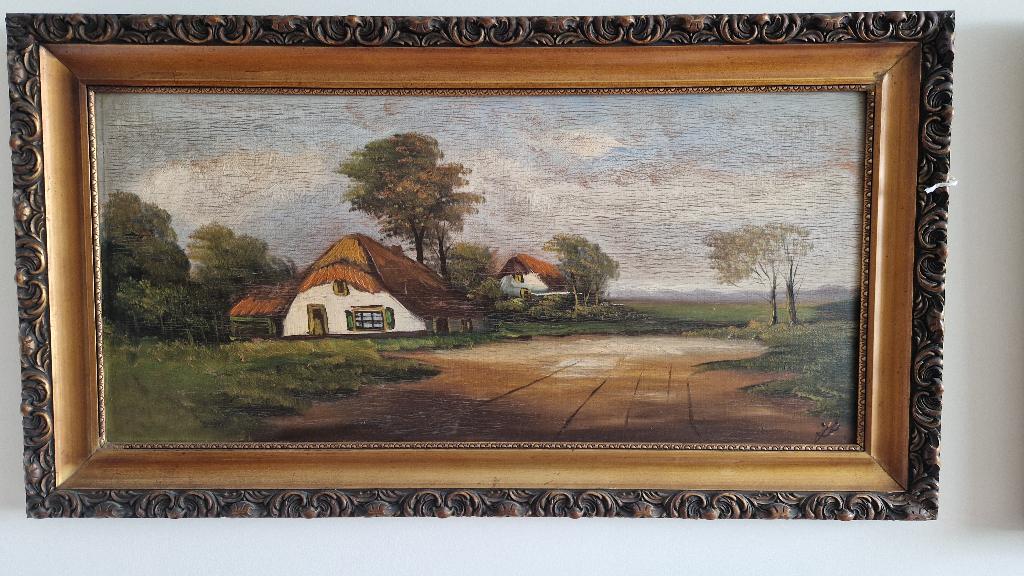 Schilderij olieverf Witte boerderijen aan zandpad SCH37, Antiek en Kunst, Ophalen of Verzenden