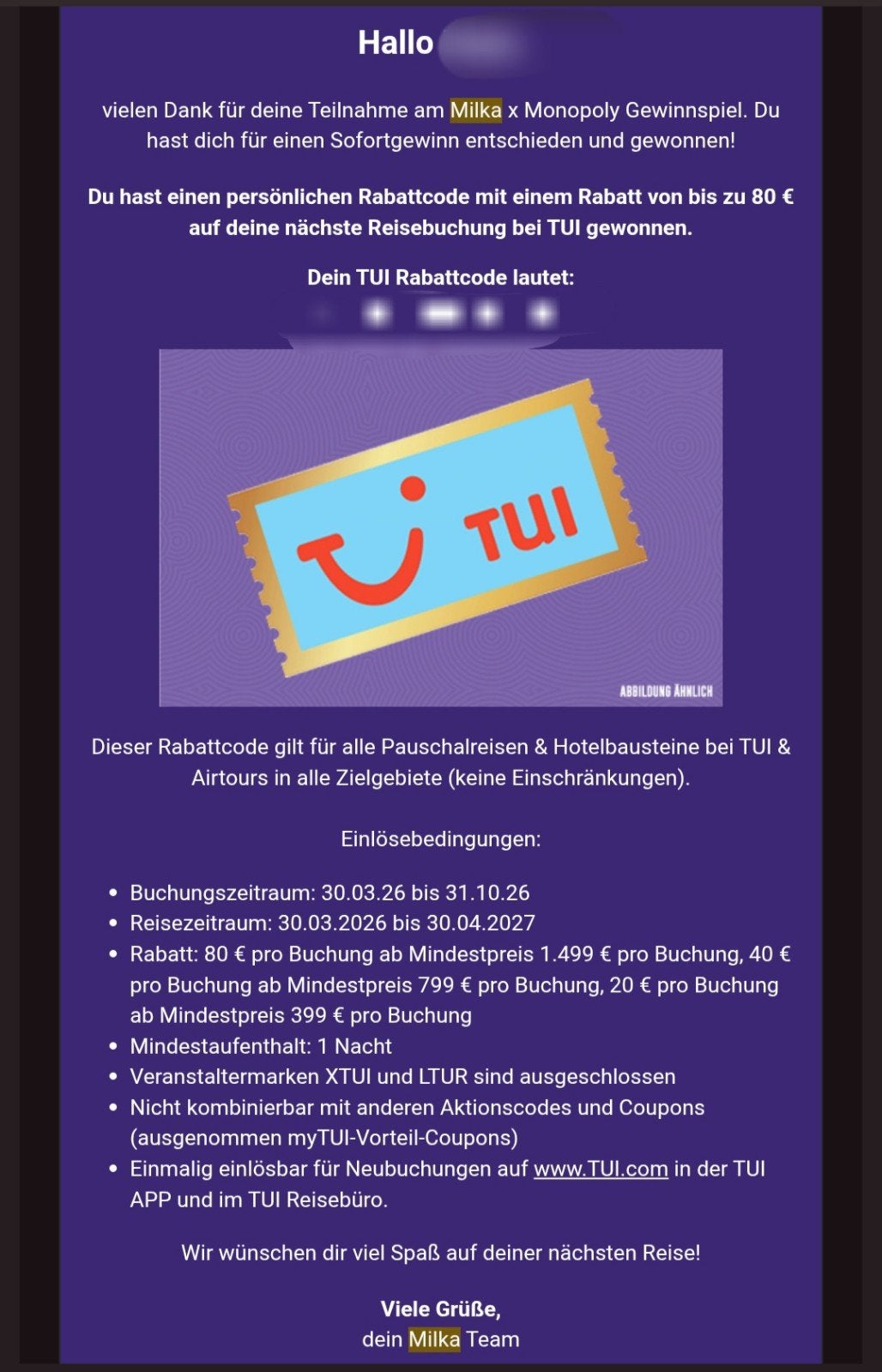 kortingsbon voor TUI van €80, Eén persoon, Kortingsbon