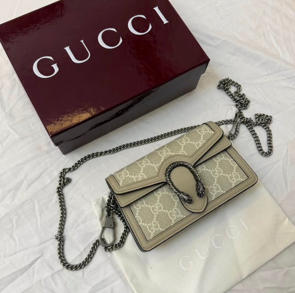 Gucci Dionysus GG Supreme Super Mini Chain Crossbody Bag, Sieraden, Tassen en Uiterlijk, Ophalen of Verzenden, Nieuw, Beige, Handtas