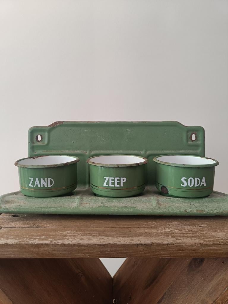 Vintage emaille Zand, Zeep, Soda set - Groen, Antiek en Kunst, Antiek | Emaille, Ophalen