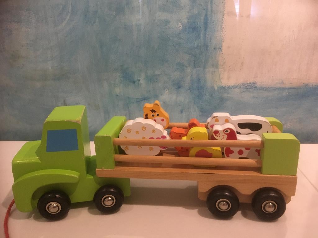 Houten speelgoed oplegger met dieren, Verzenden, Gebruikt, Duw- of Trekspeelgoed