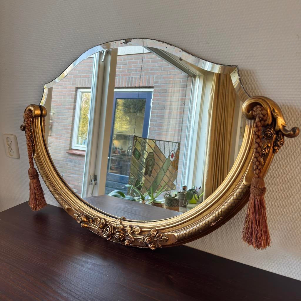 Barokke Spiegel, Wandspiegel met Klossen, Frans, Gips, Hout, Ophalen, Gebruikt, 75 tot 100 cm, Minder dan 100 cm
