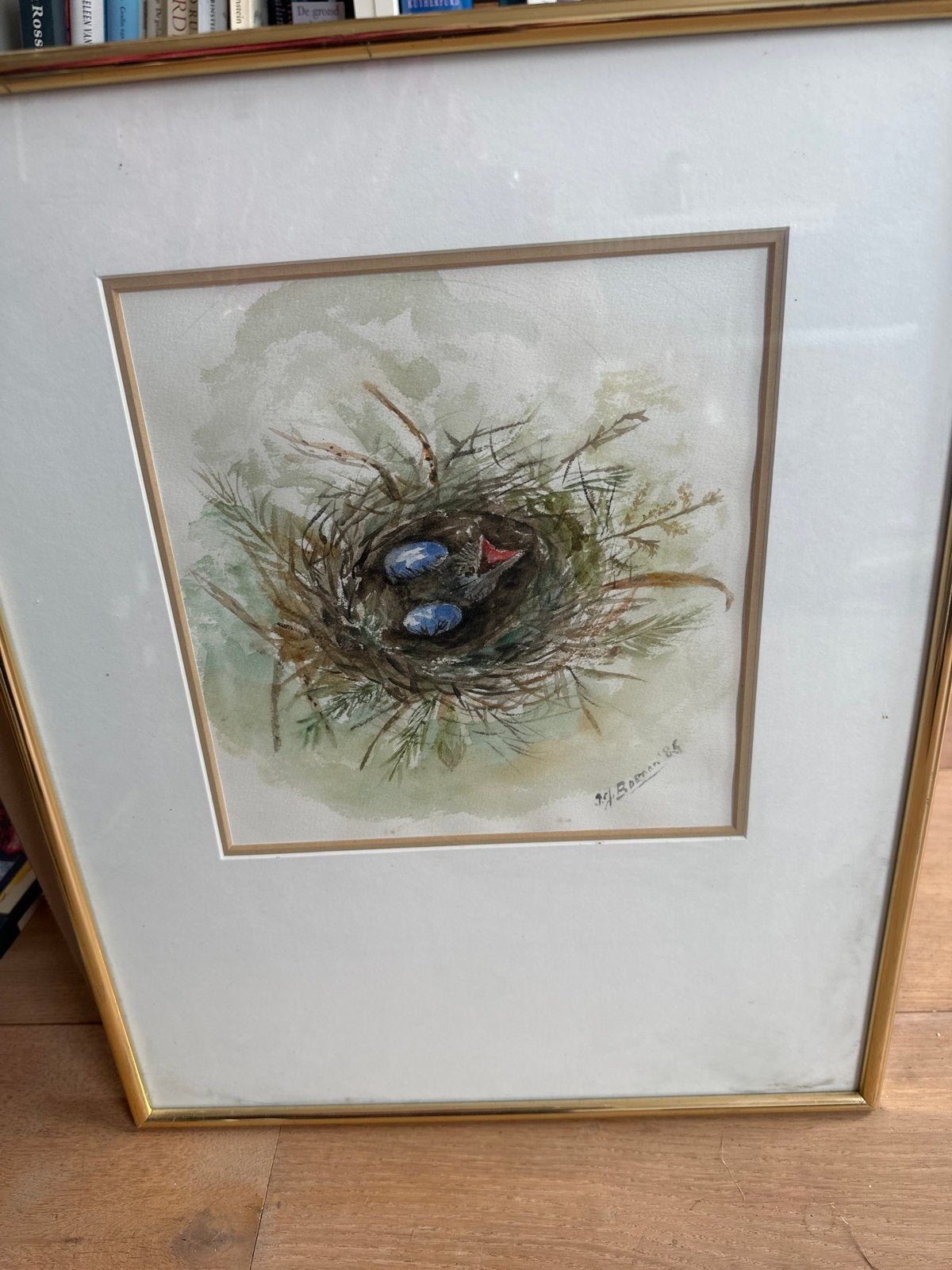 Aquarel Schilderij: Vogelnest met Eieren en Kuiken (1985), Ophalen, Gedateerd, Realistisch, Dieren