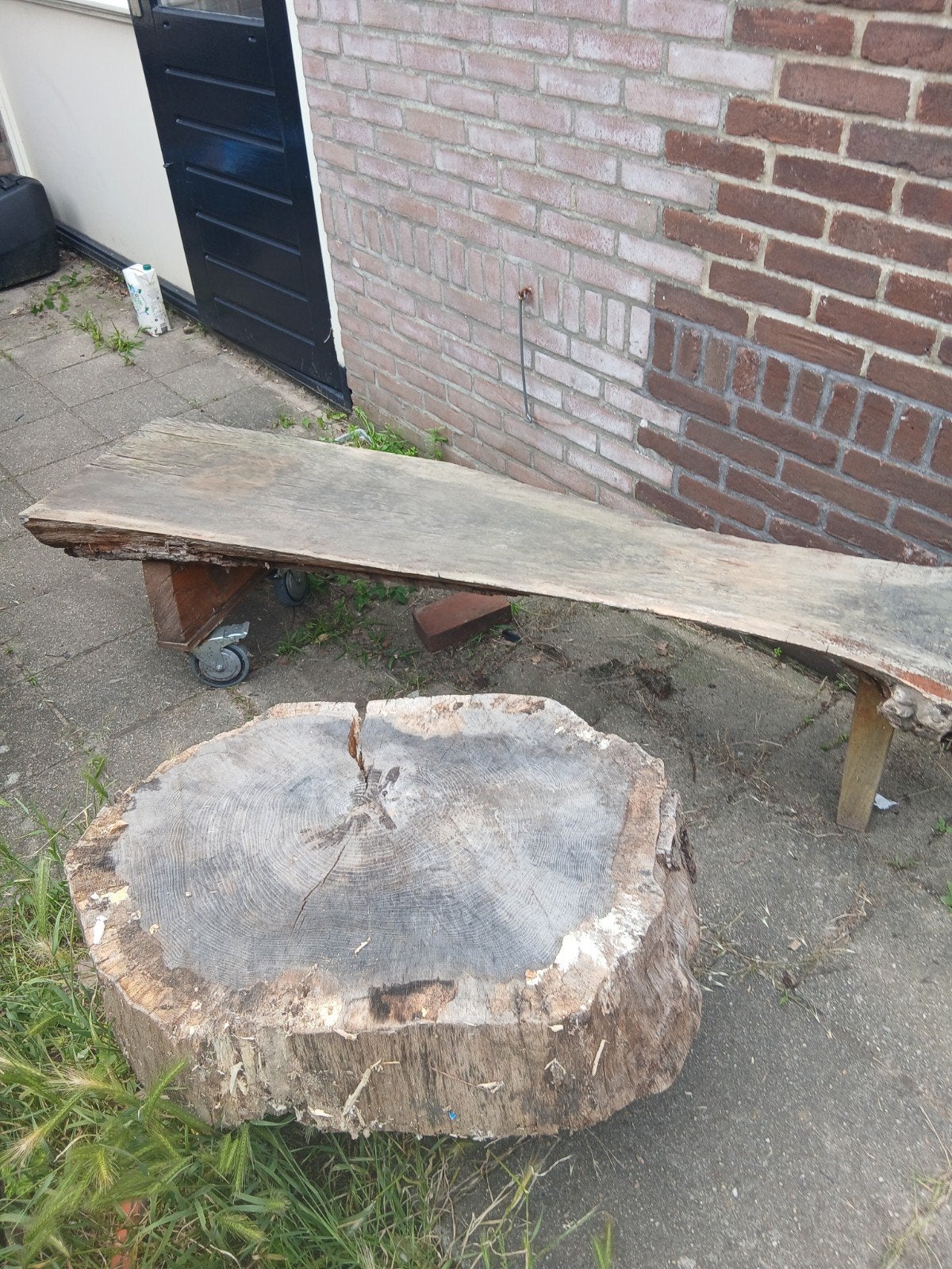 Bankje en tafeltje van boomstam, Ophalen of Verzenden, Rechthoekig, Hout