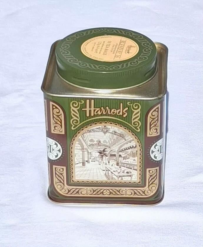 mooi thee-blik van Harrods London, vierkant, groen, 13x9 cm., Ophalen of Verzenden, Zo goed als nieuw, Thee, Overige merken