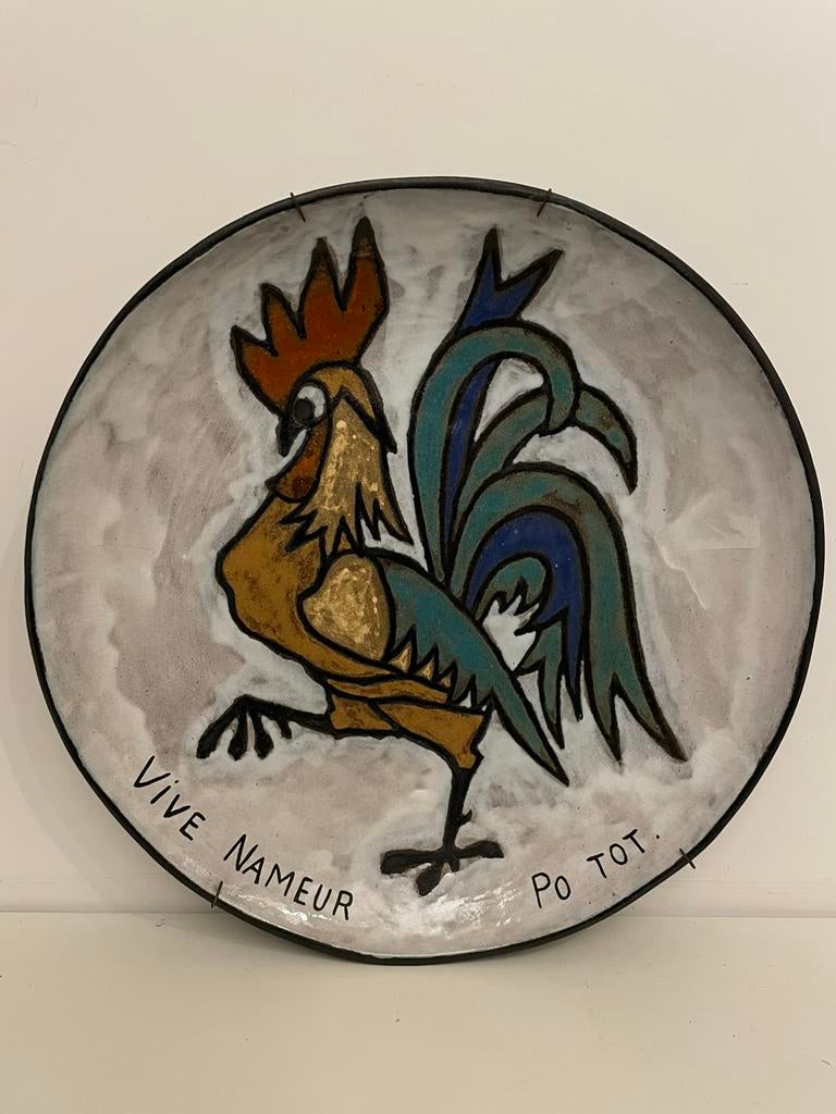 Odette Dijeux | XL aardewerk wandbord met haan | 1950-1999, Antiek en Kunst, Antiek | Keramiek en Aardewerk, Ophalen