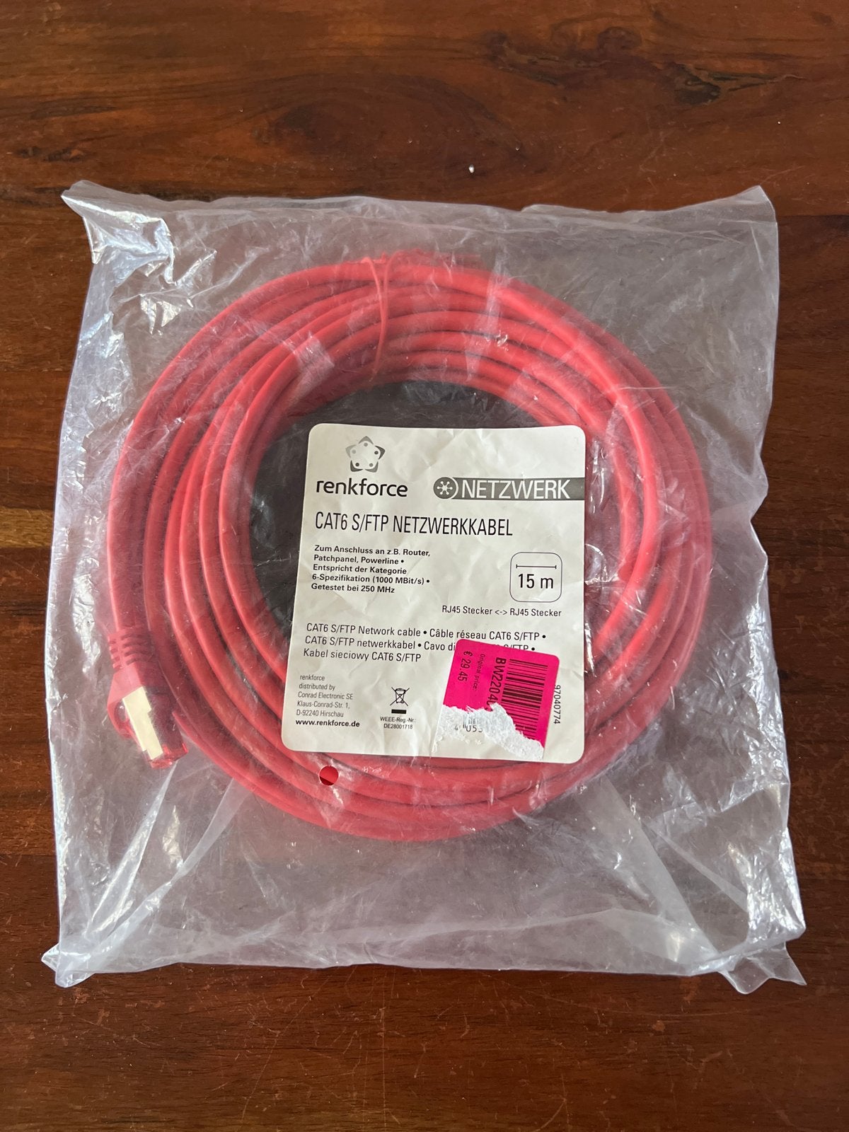 Renkforce CAT6 S/FTP Netwerkkabel - 15m Rood, Computers en Software, Pc- en Netwerkkabels, Nieuw, Ophalen