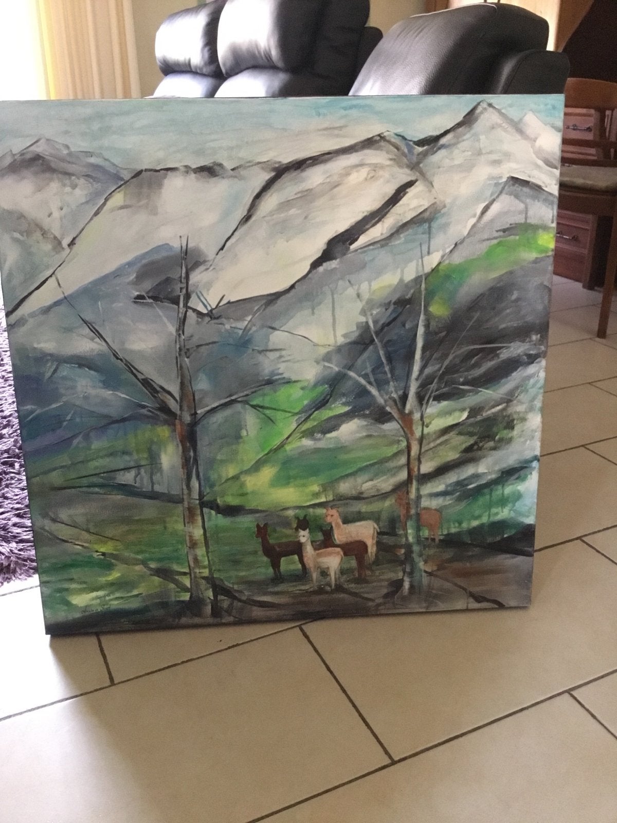 Schilderij met berglandschap en alpaca’s, Antiek en Kunst, Kunst | Schilderijen | Klassiek, Ophalen, Acrylverf, Doek, Expressionistisch