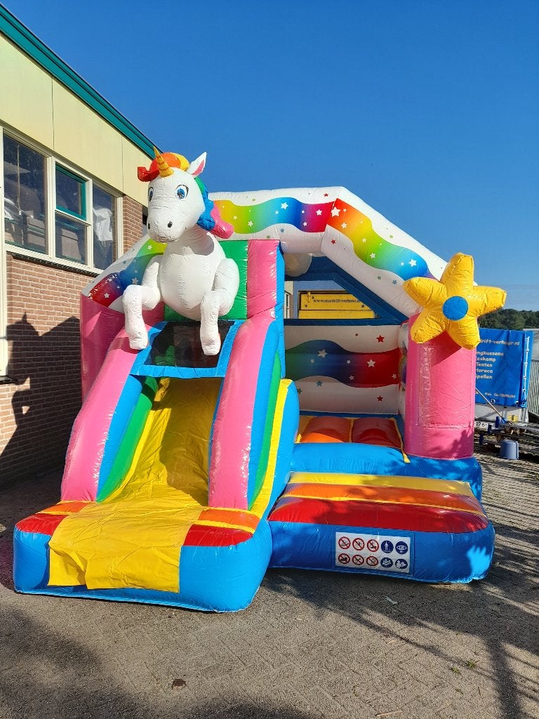 TE HUUR: Springkussen Unicorn met Glijbaan & Dak, Hobby en Vrije tijd, Feestartikelen | Verhuur, Ophalen, Nieuw, Verjaardag